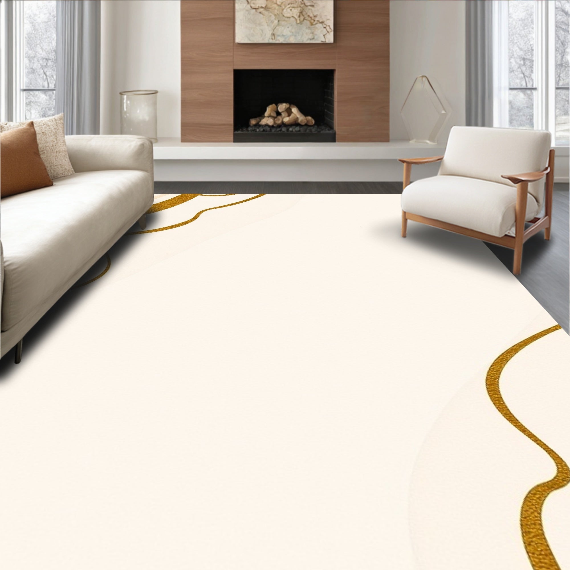 Golden Wavy Lines Abstract Rug