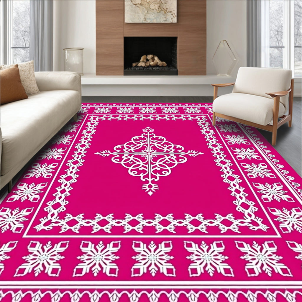 Bright Pink White Snowflake Medallion Border Rug
