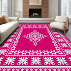 Bright Pink White Snowflake Medallion Border Rug