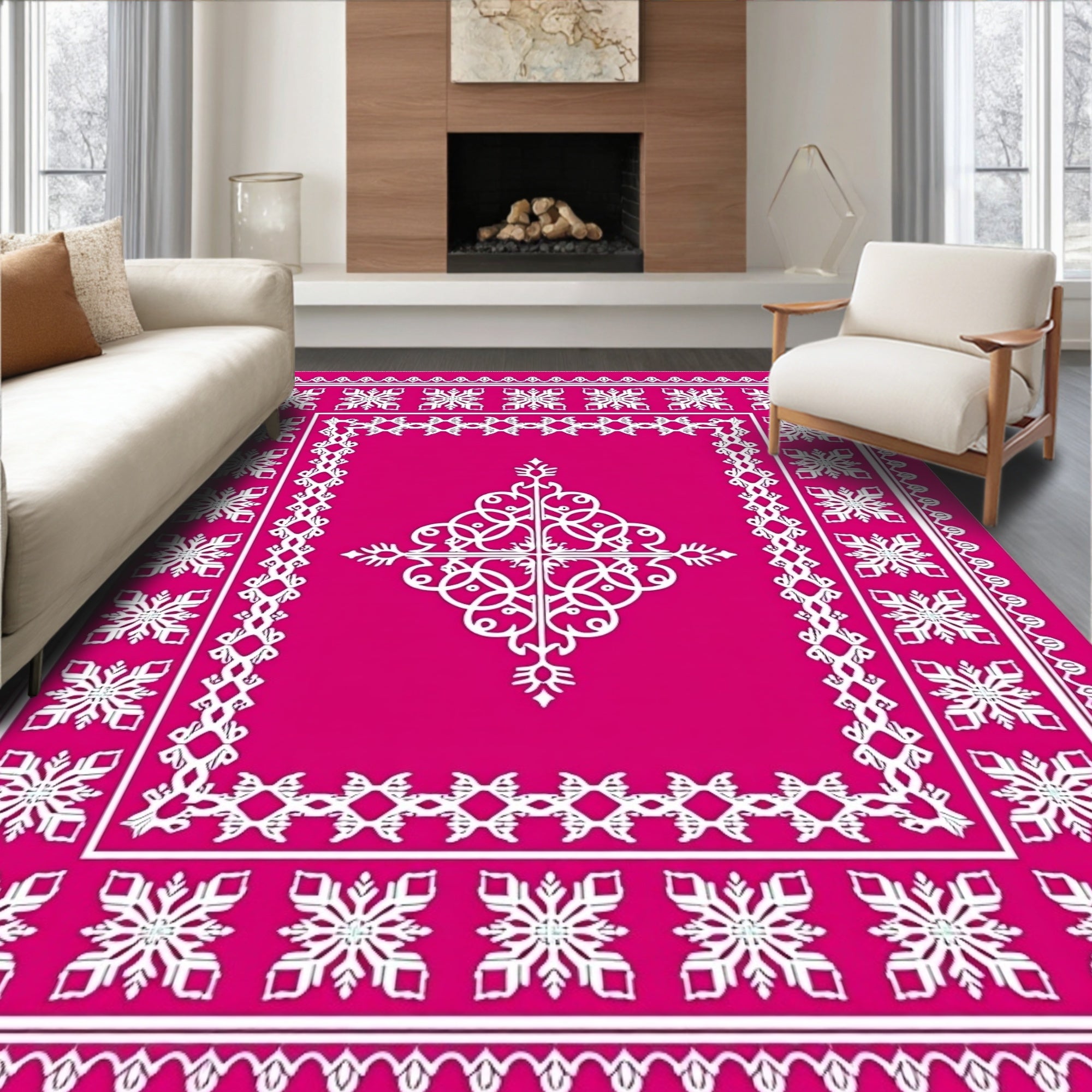 Bright Pink White Snowflake Medallion Border Rug