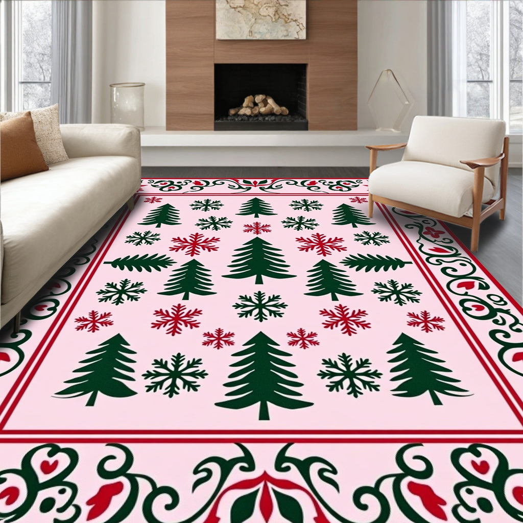 Red Green Snowflakes Pine Trees Border Rug