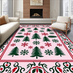 Red Green Snowflakes Pine Trees Border Rug