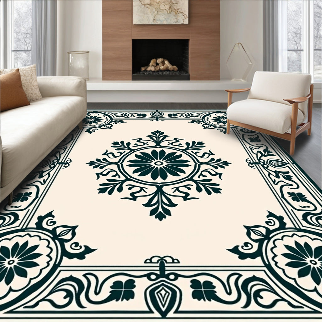 Dark Emerald Floral Medallion Border Rug
