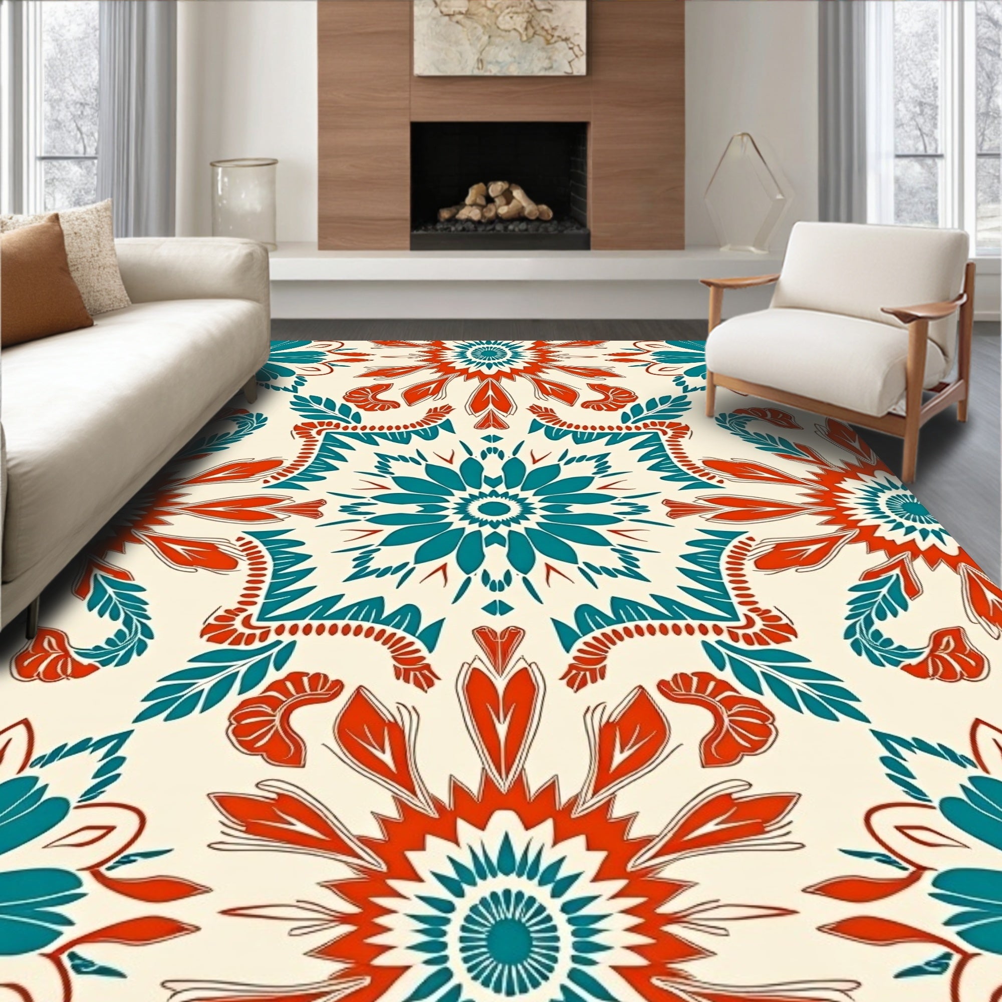 Vibrant Teal Coral Medallion Rug