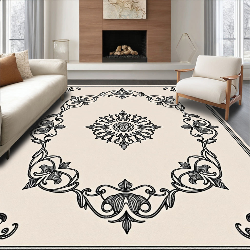 Cream Colored Floral Medallion Frame Rug