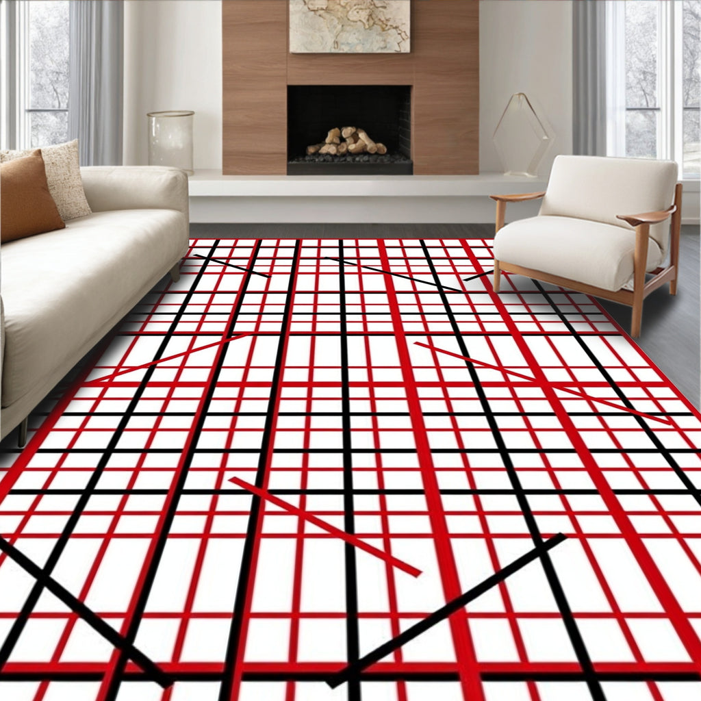 Bold Red Black Grid Lines Rug