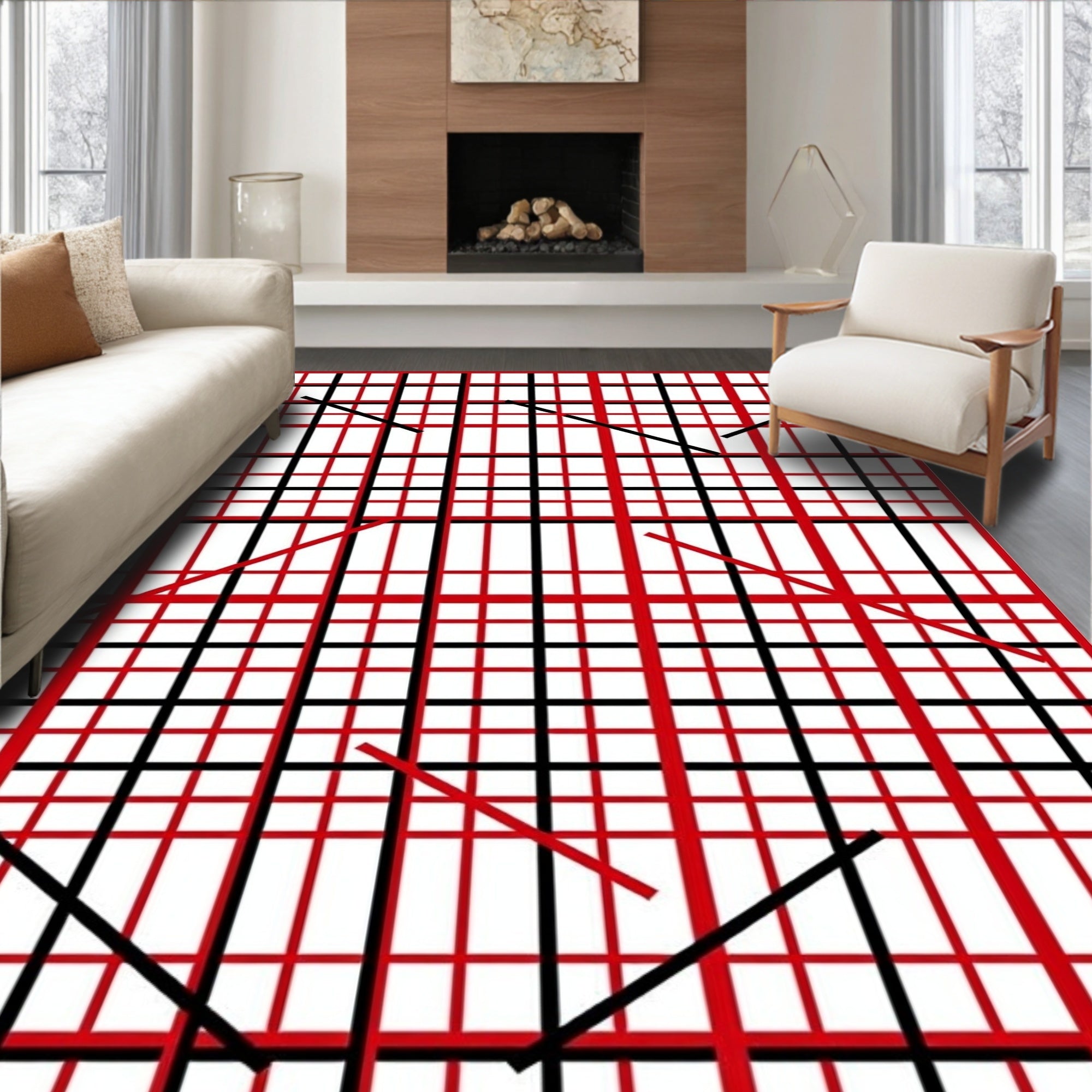 Bold Red Black Grid Lines Rug