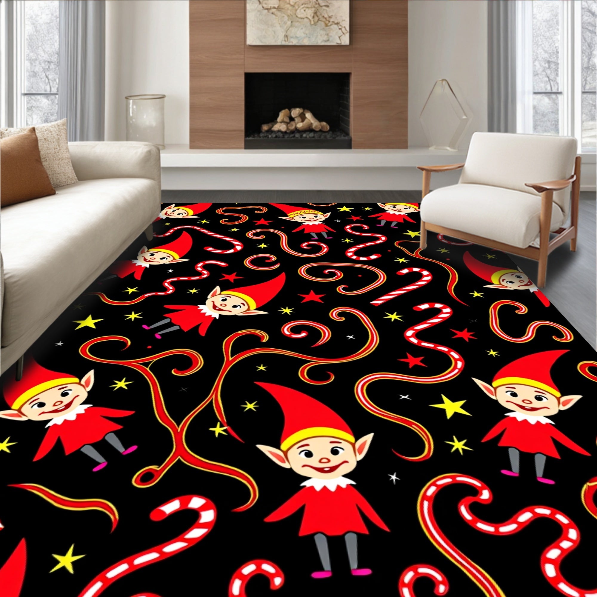 Jolly Elf Candy Cane Star Celebration Rug