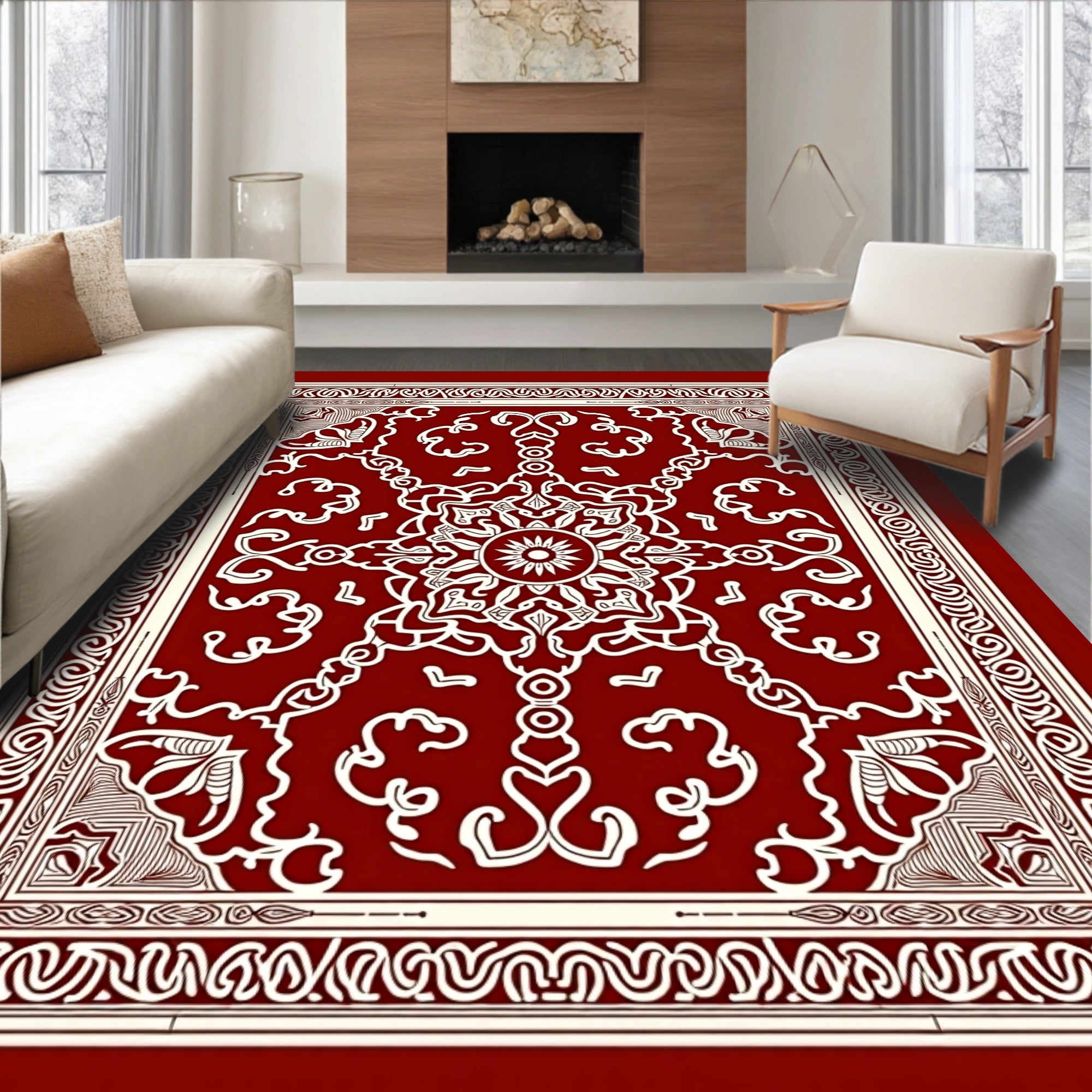 Deep Red Scrollwork Medallion Rug