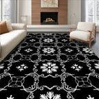 Black White Geometric Floral Medallion Rug