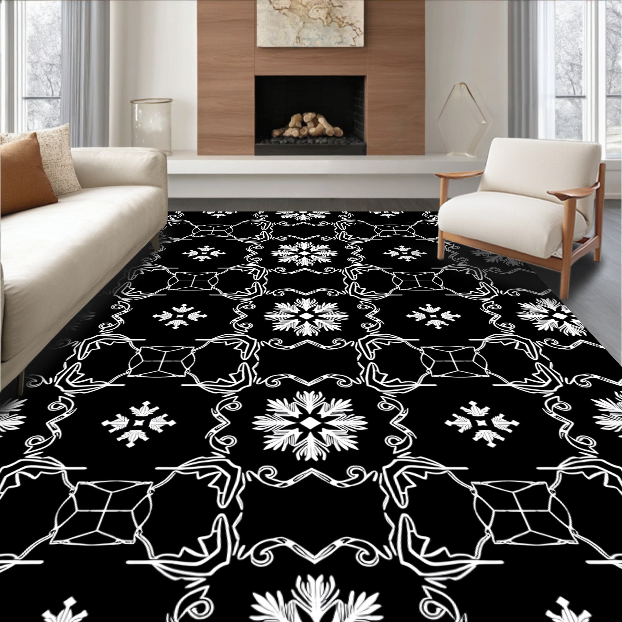 Black White Geometric Floral Medallion Rug
