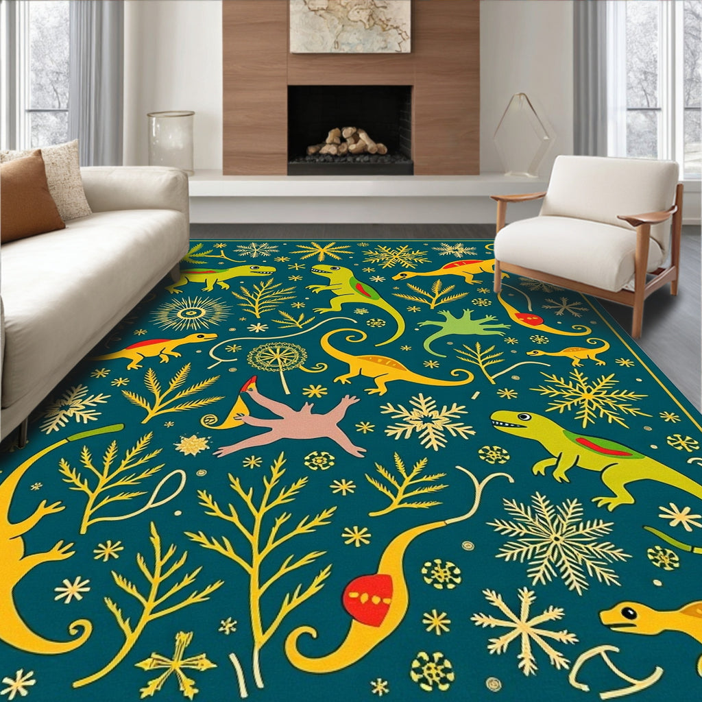 Whimsical Dinosaur Snowflake Jungle Rug