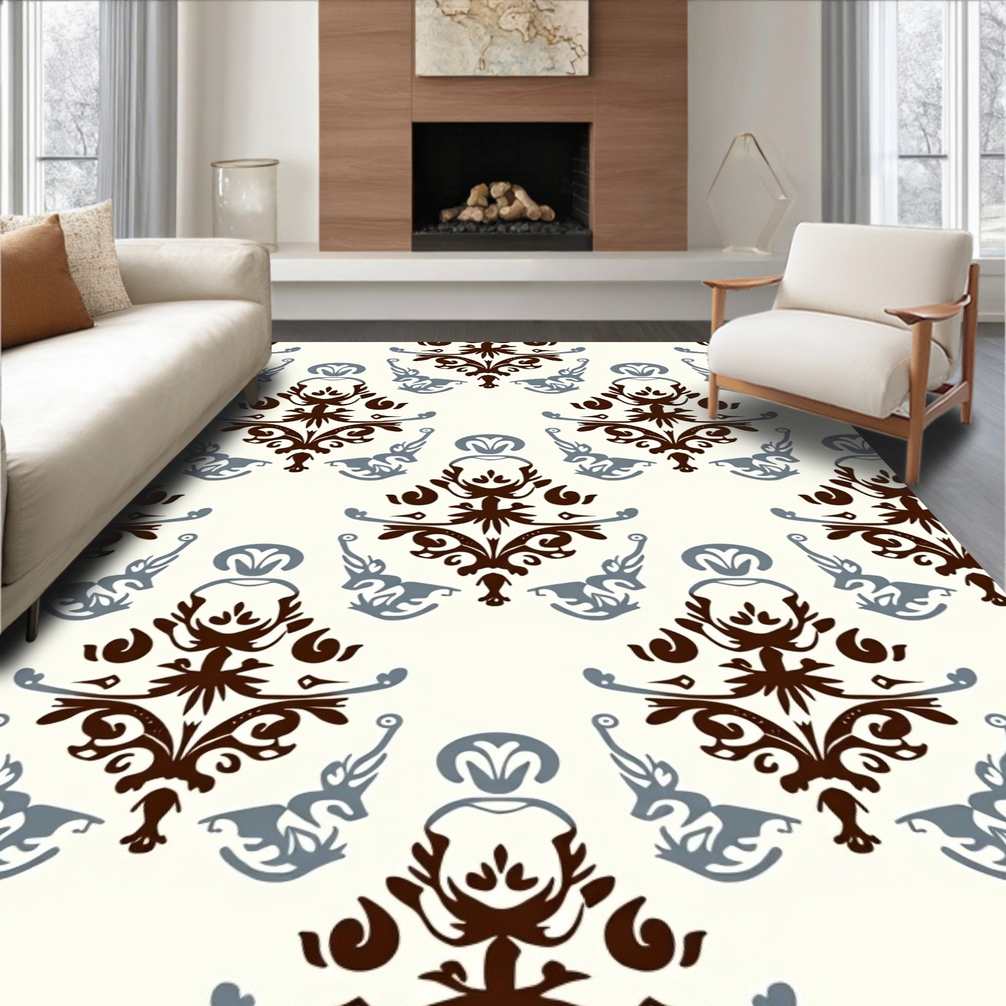 Vintage Brown Blue Damask Repeat Rug