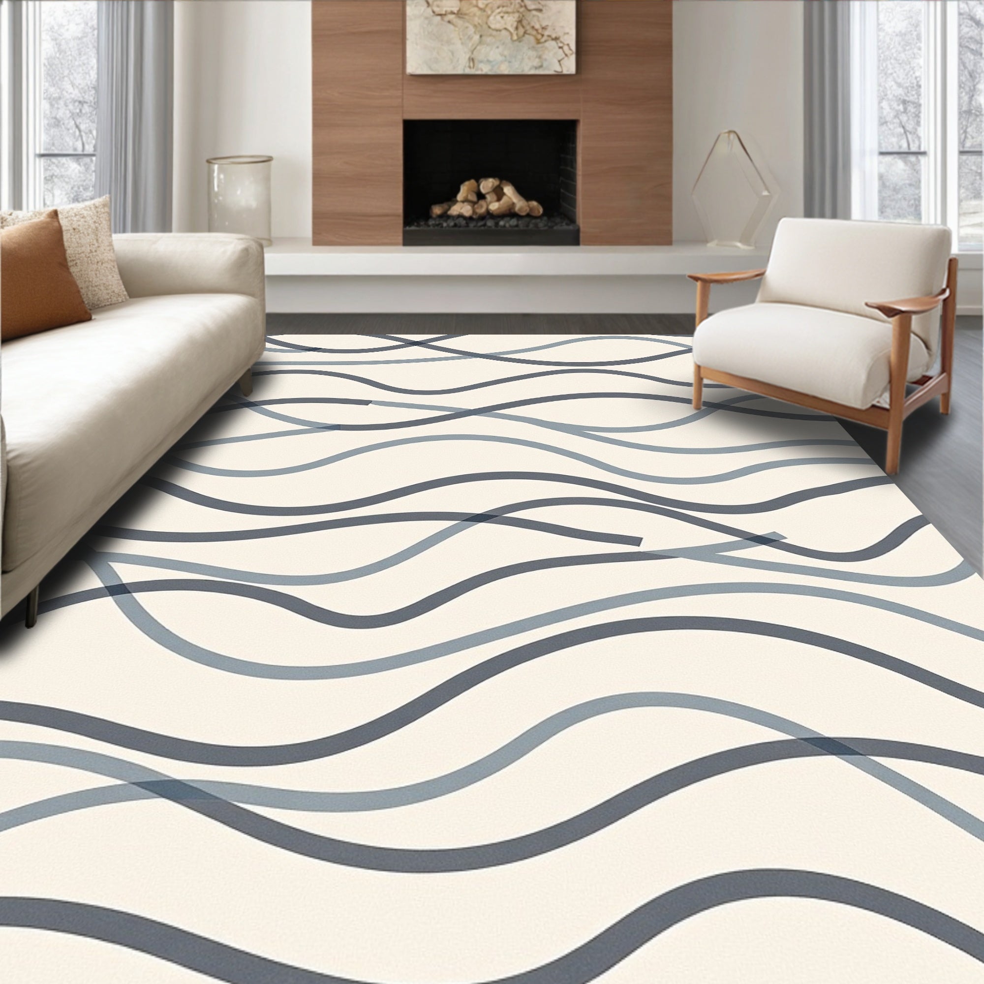 Oceanic Waves Blue Grey Abstract Rug