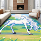 Majestic White Horse Lush Meadow Scene Rug
