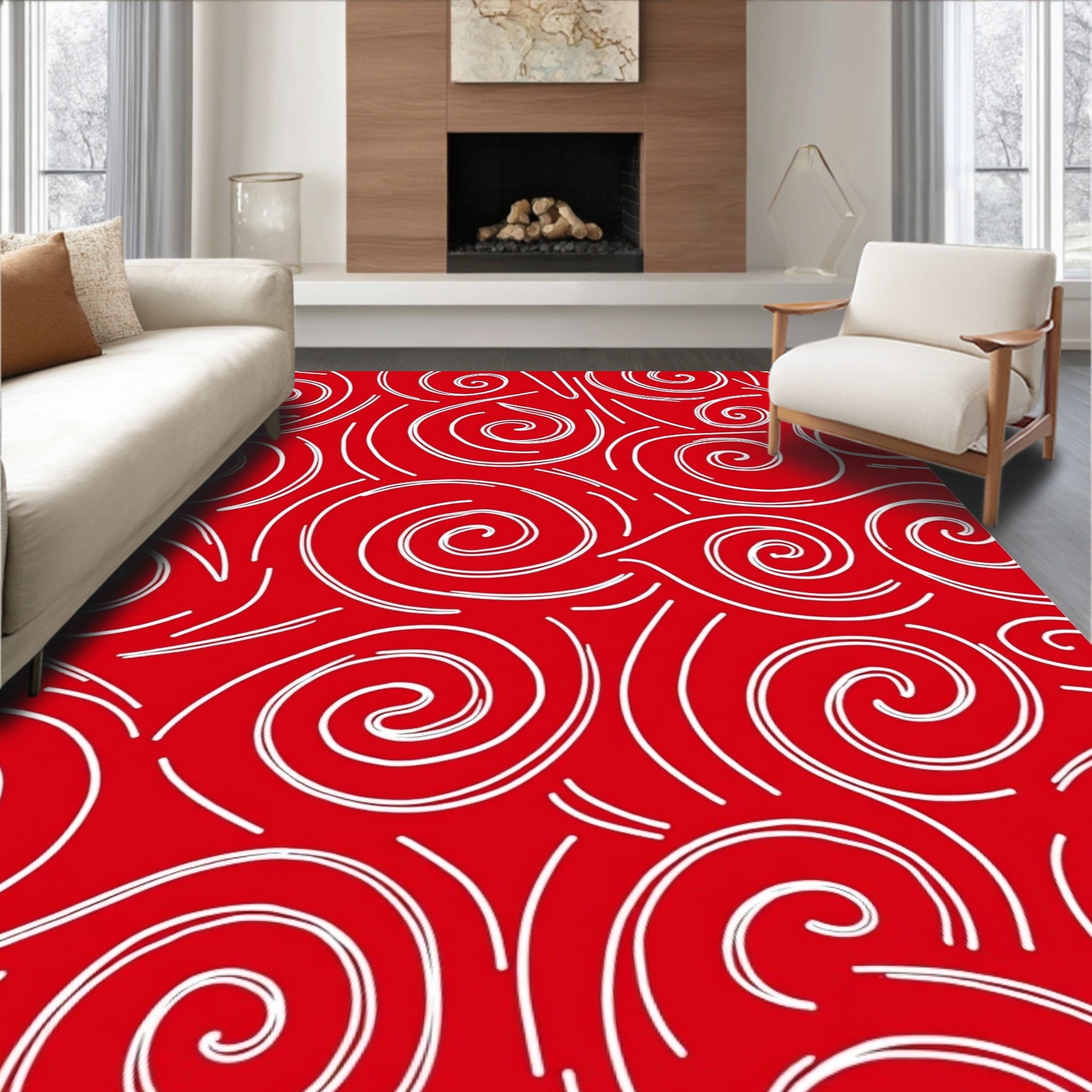 Crimson Swirls on Red Ground Rug