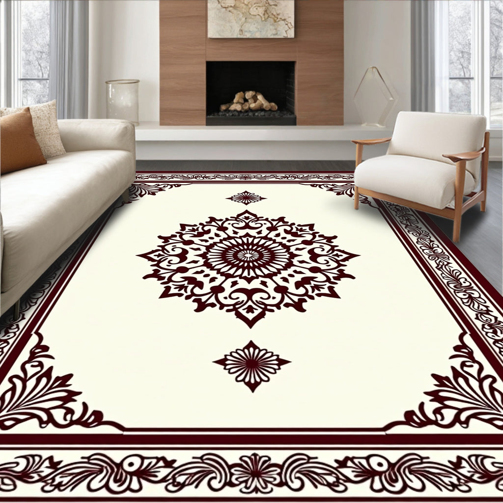 Dark Red Floral Medallion Frame Rug