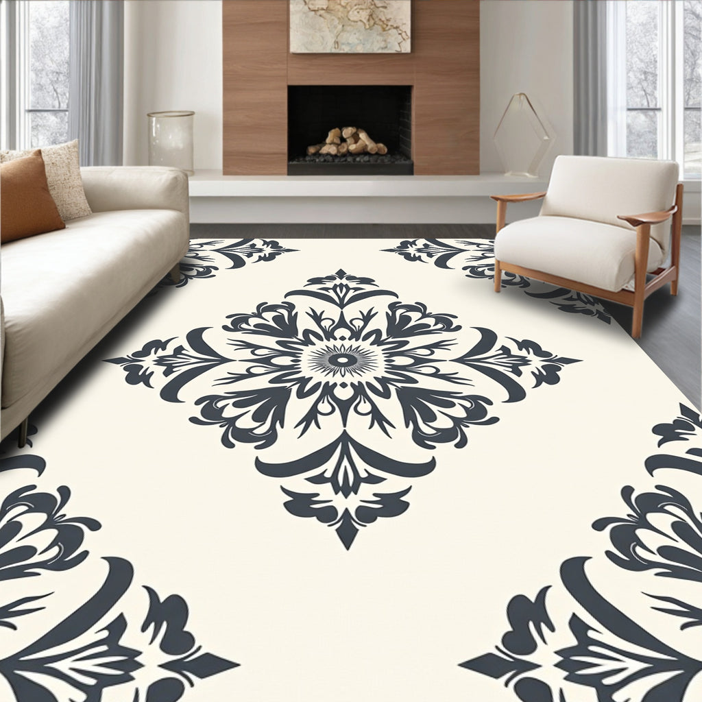 Navy Floral Medallion Cream Rug