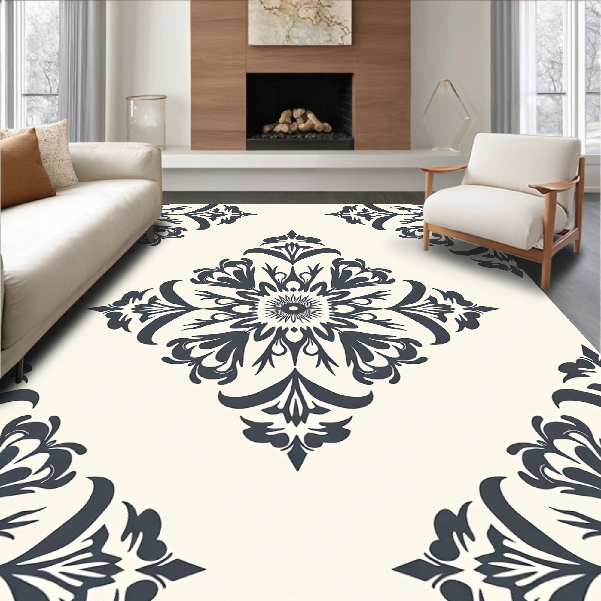 Navy Floral Medallion Cream Rug