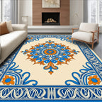 Blue Orange Floral Medallion Border Rug