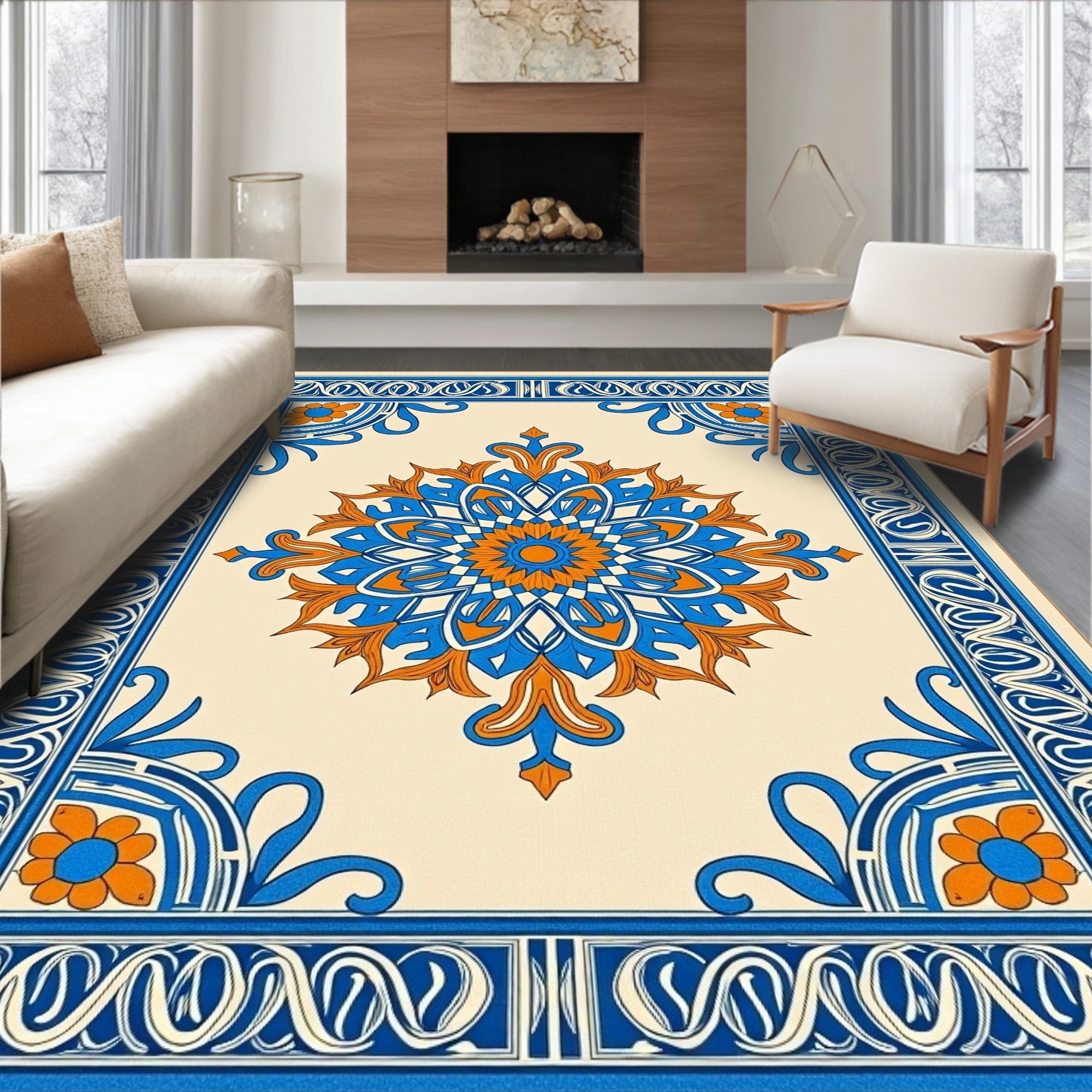 Blue Orange Floral Medallion Border Rug