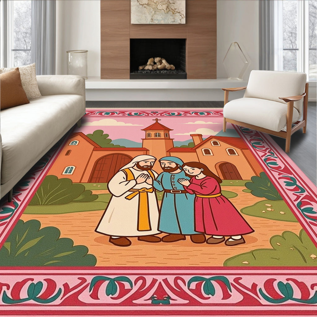 Pastoral Scene Religious Border Rug