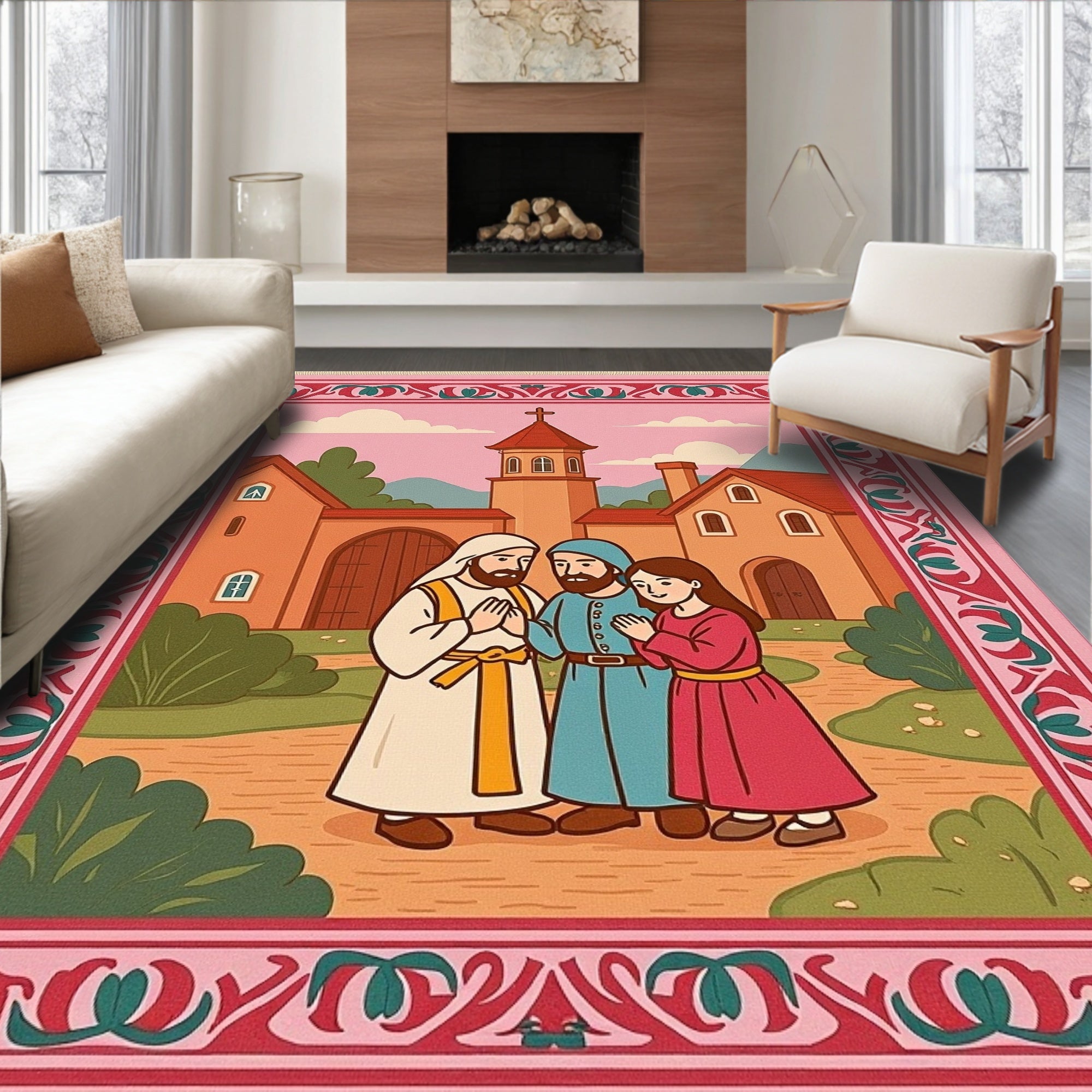 Pastoral Scene Religious Border Rug