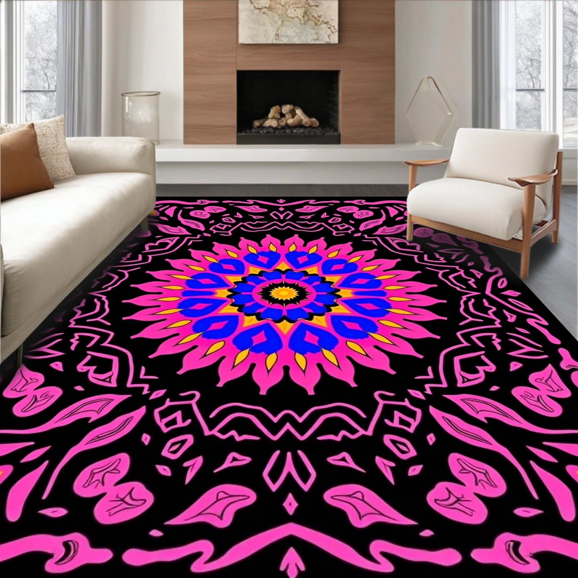 Vibrant Pink Blue Yellow Floral Mandala Rug