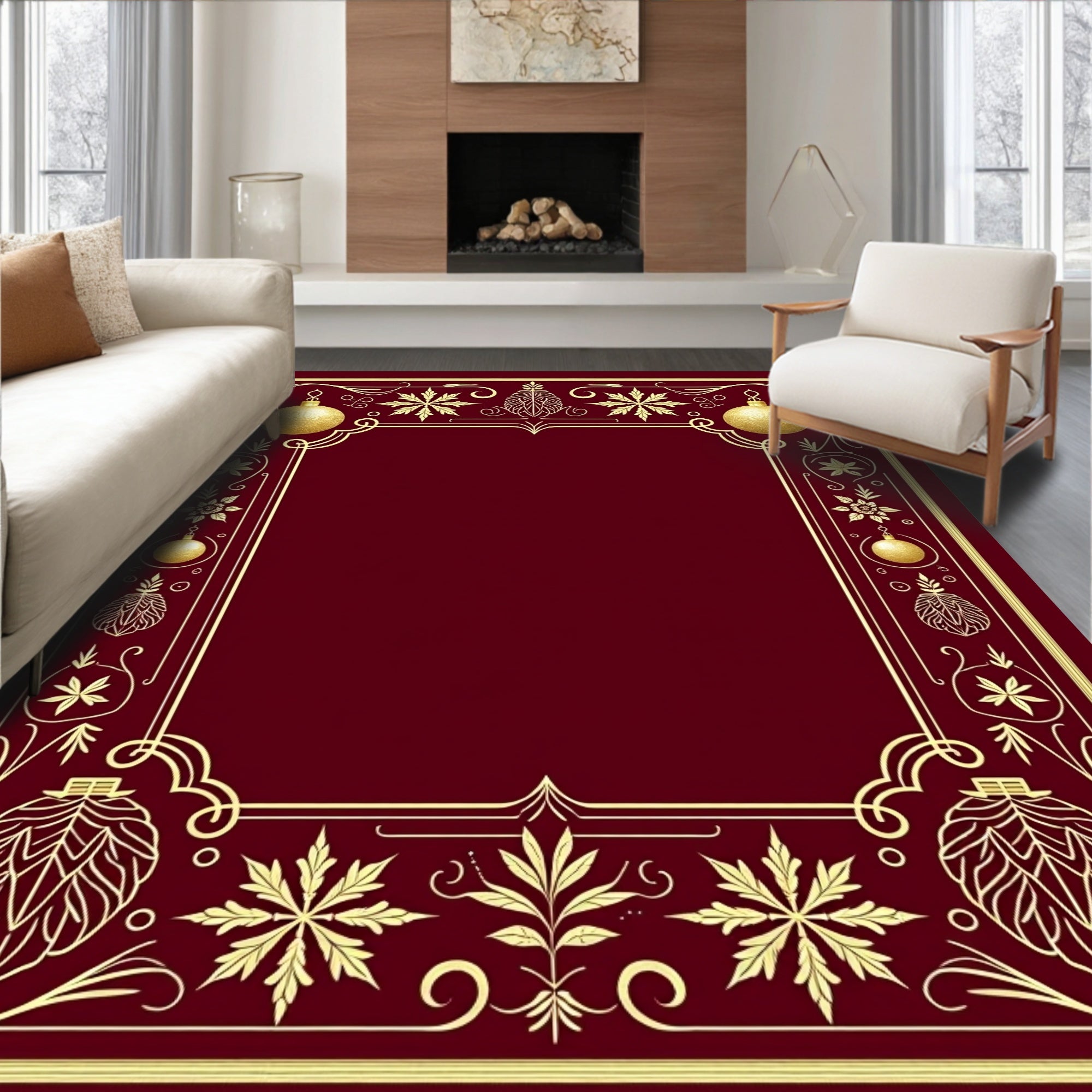 Gold Ornament Border Maroon Rug