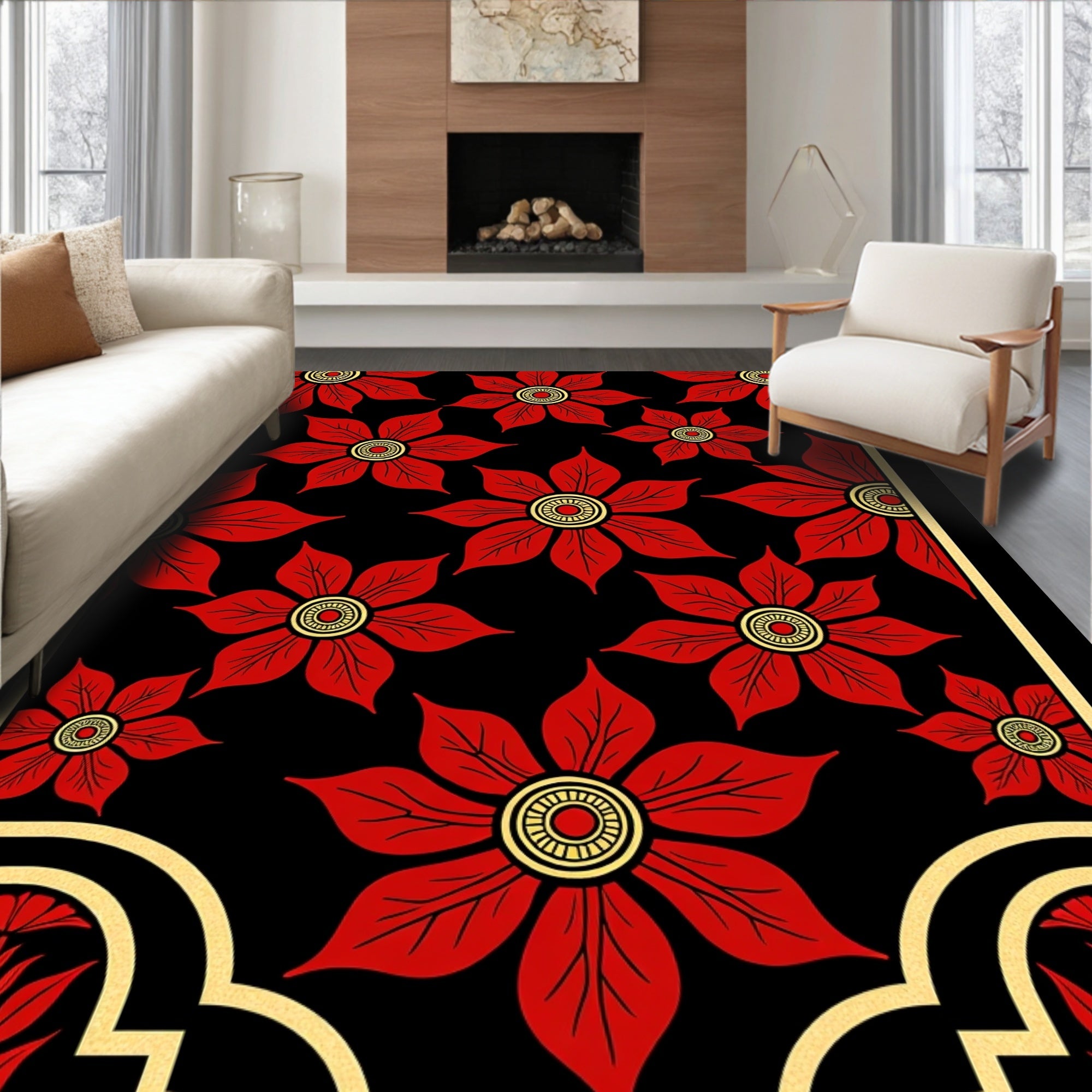 Vibrant Red Floral Medallion Black Rug
