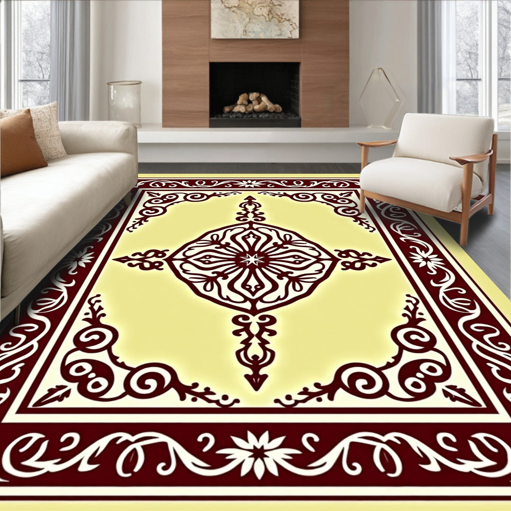 Deep Burgundy Floral Medallion Cream Rug