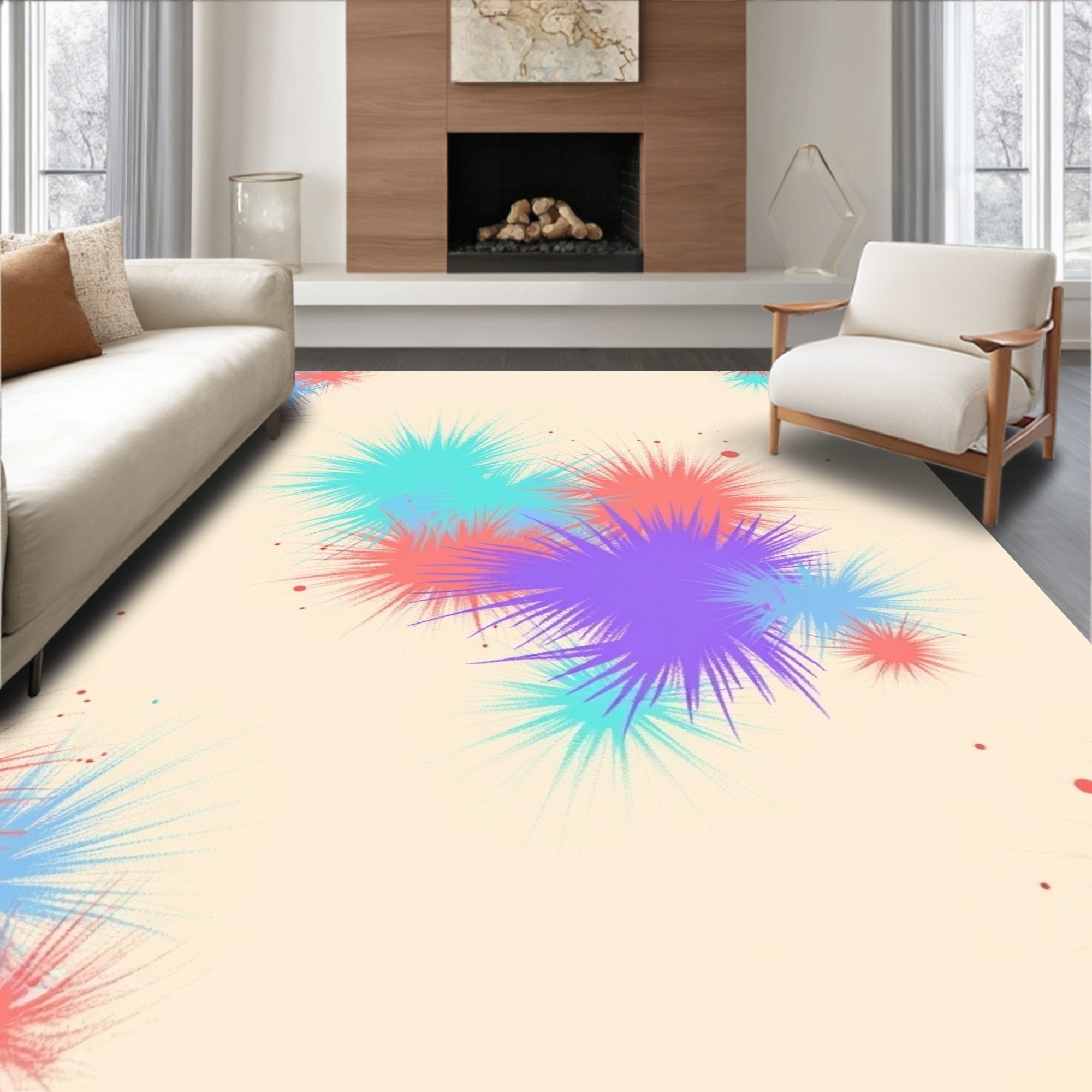 Vibrant Coral Teal Purple Starburst Rug