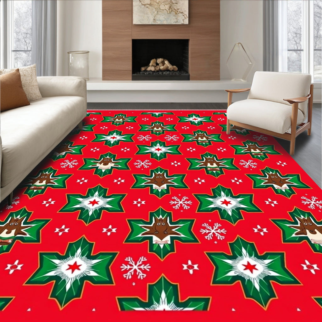 Festive Red Reindeer Holly Snowflakes Rug