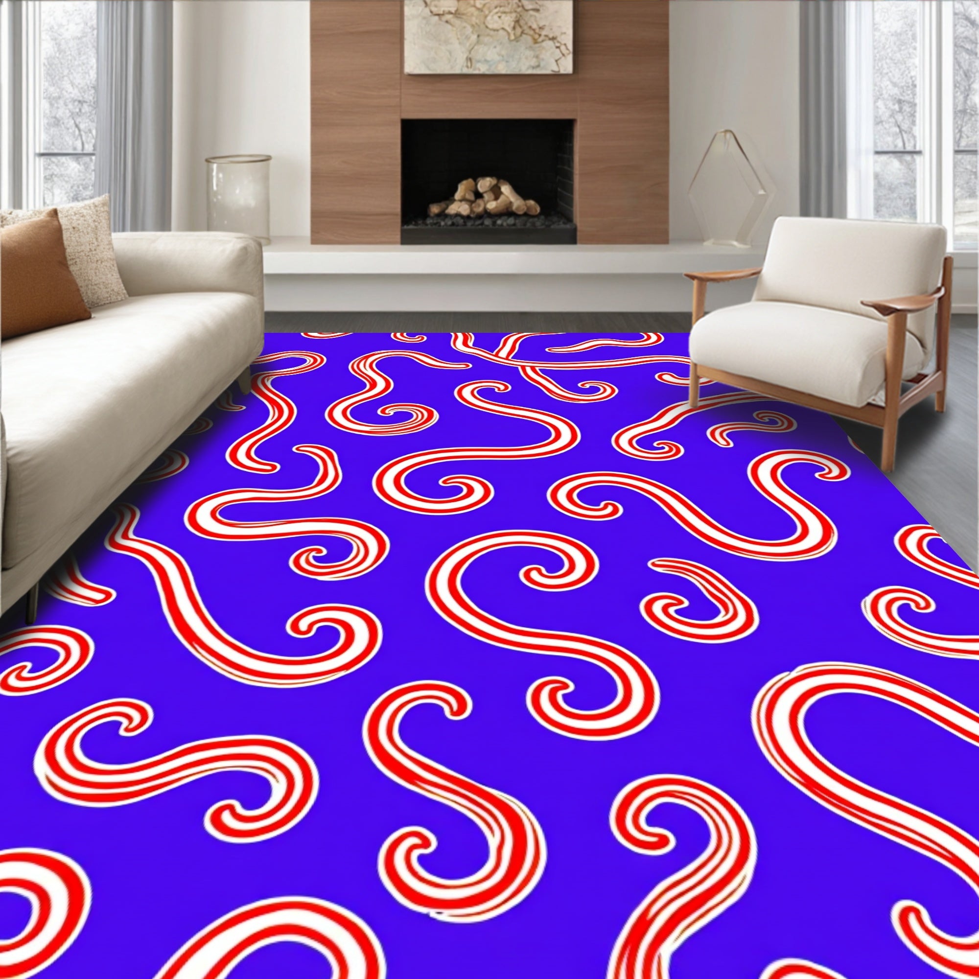 Bold Red Swirl Stripe Blue Rug