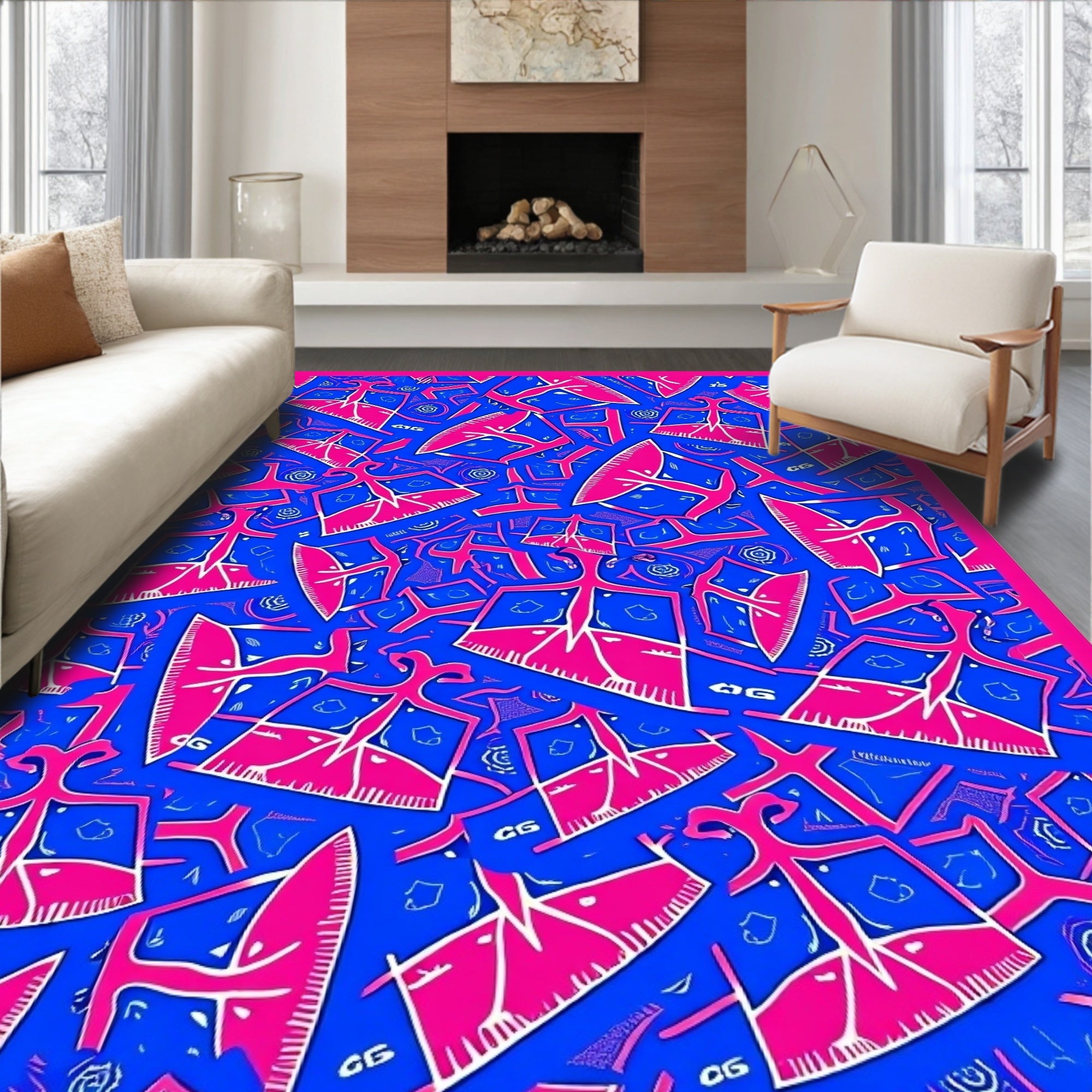 Bold Pink Abstract Figures Blue Rug