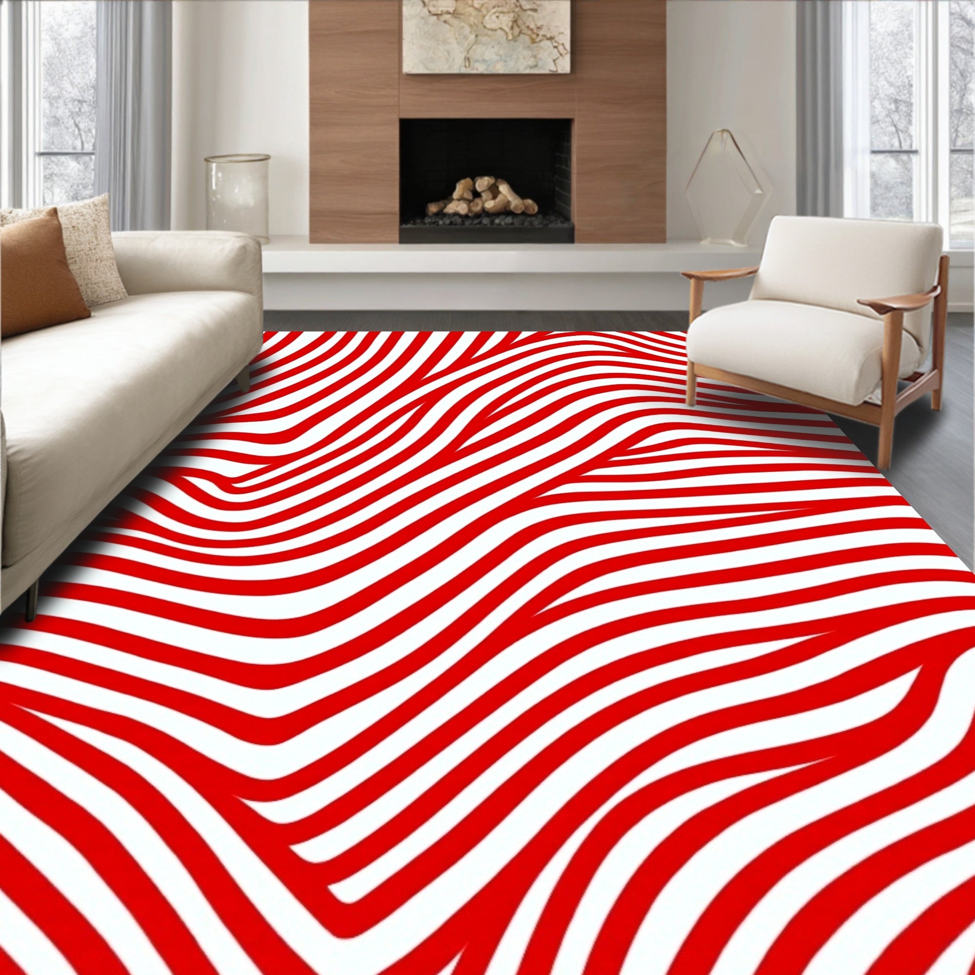 Bold Red Abstract Wavy Lines Rug