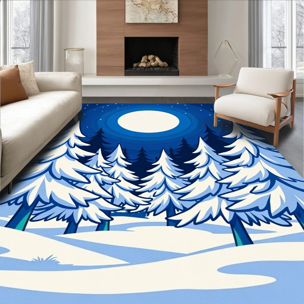 Midnight Blue Snowy Forest Moonlit Night Rug