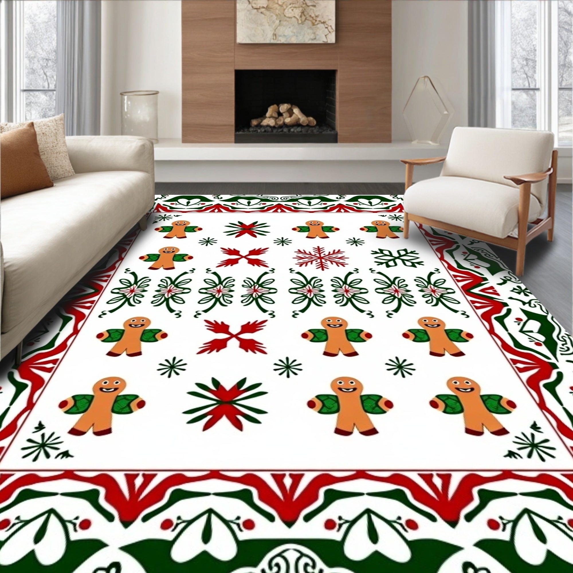 Christmas Gingerbread Man Snowflake Border Rug