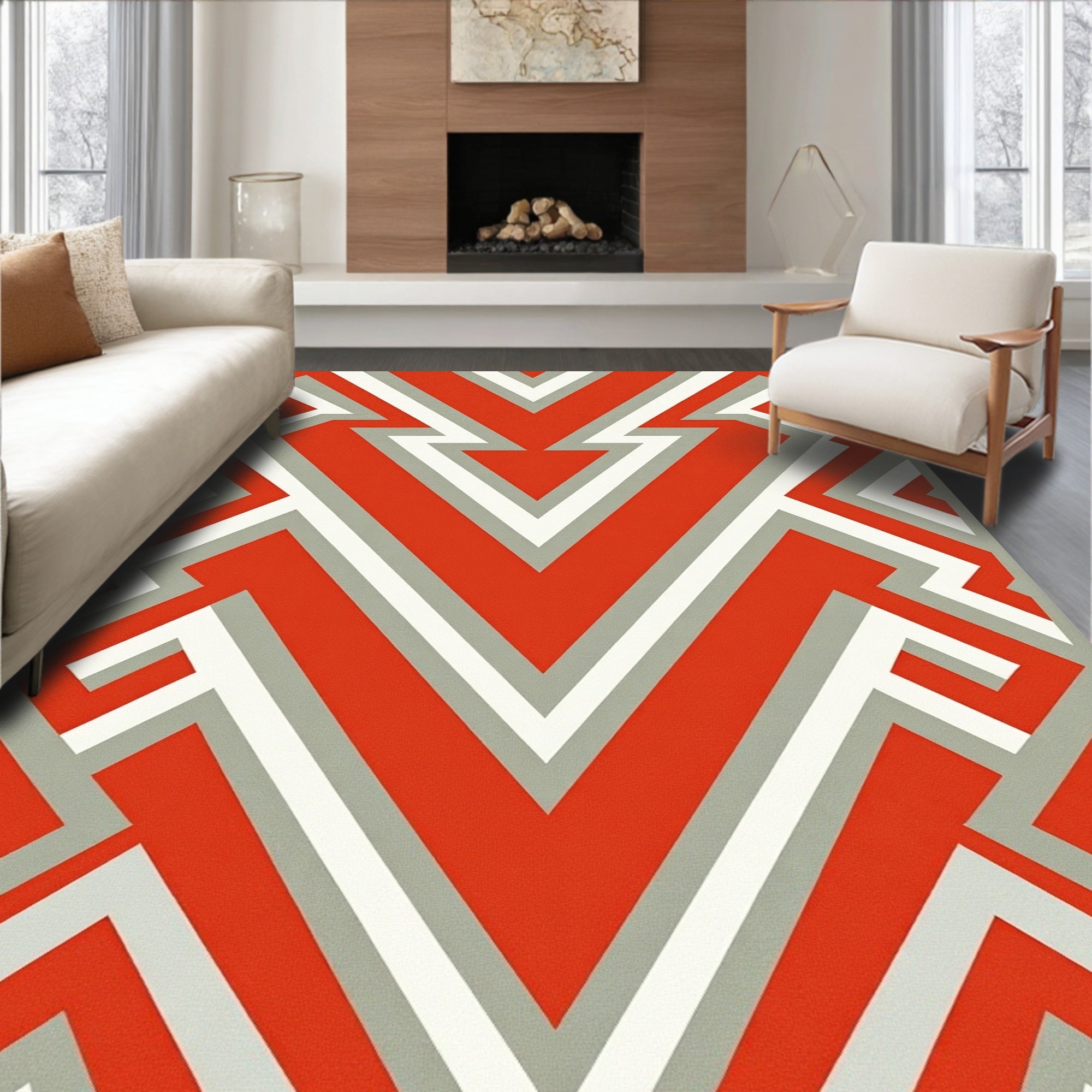 Abstract Coral White Gray Geometric Medallion Rug