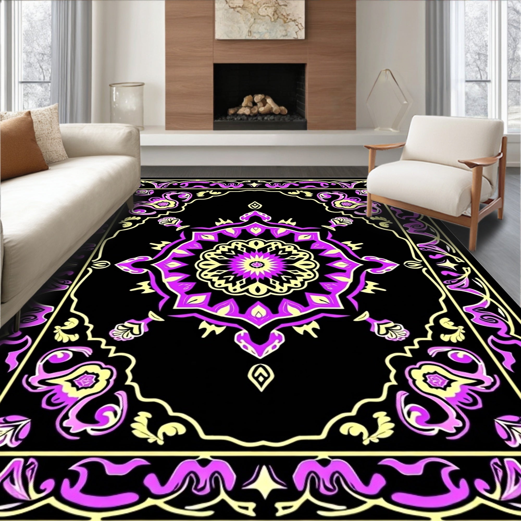 Bold Black Magenta Floral Medallion Rug