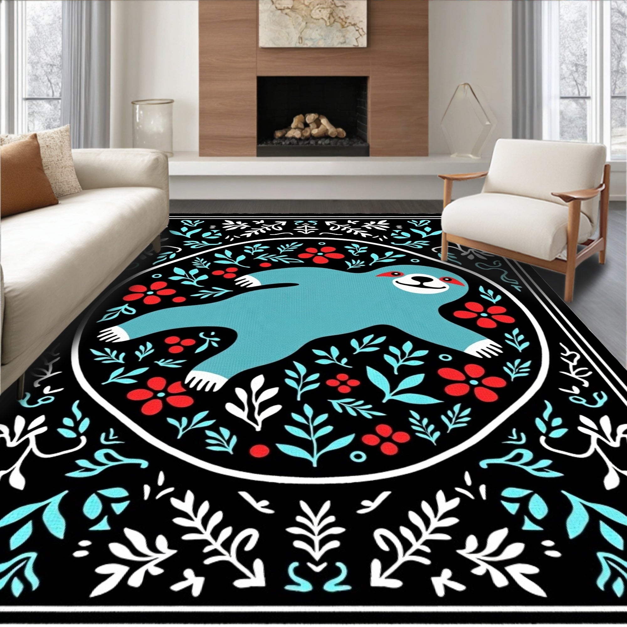 Whimsical Teal Sloth Floral Frame Rug