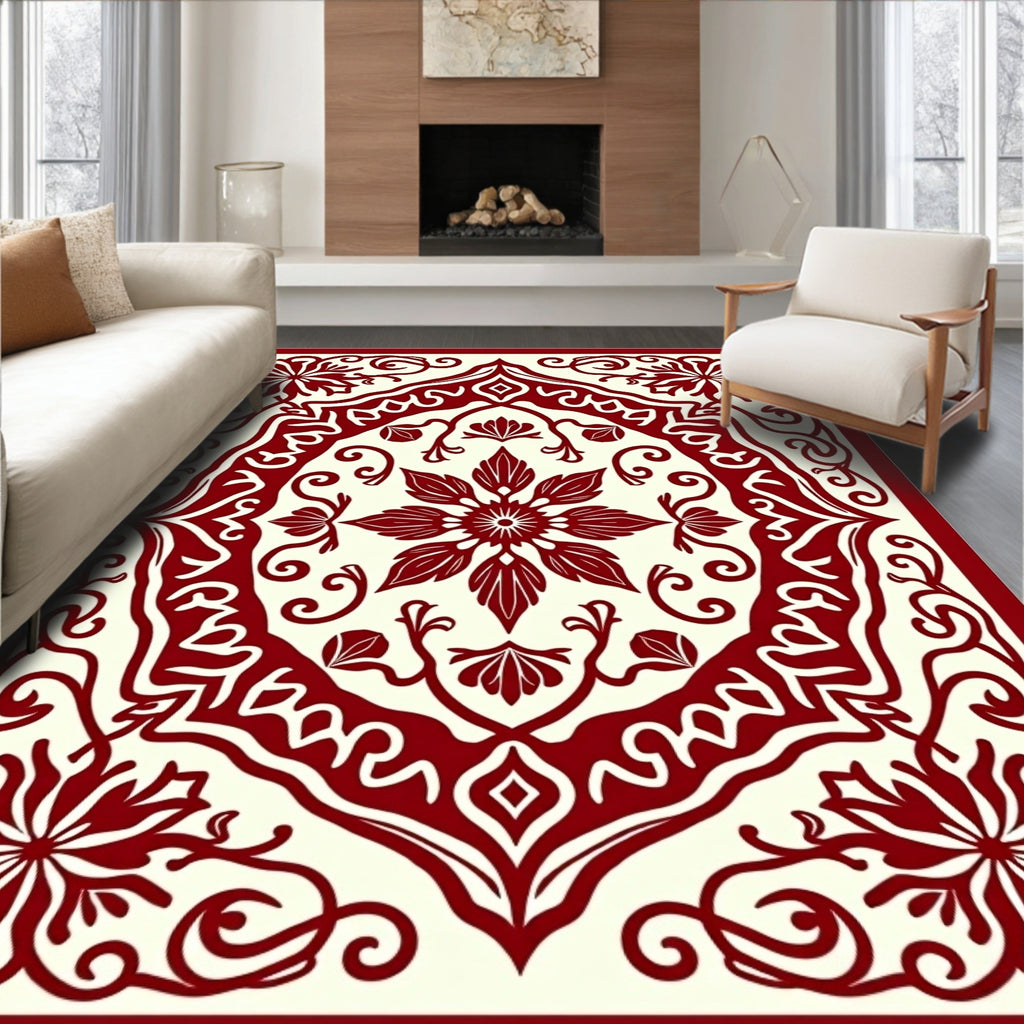 Crimson Floral Medallion Lattice Rug