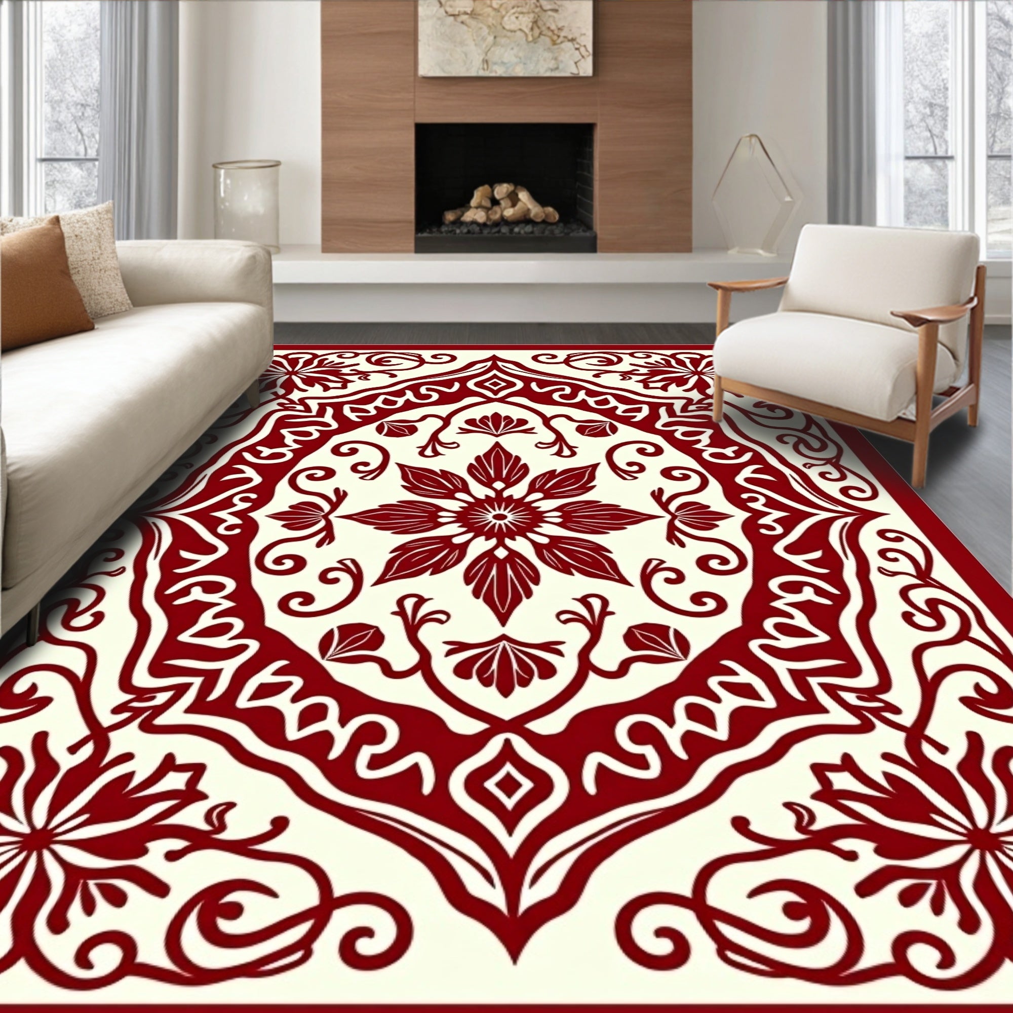 Crimson Floral Medallion Lattice Rug