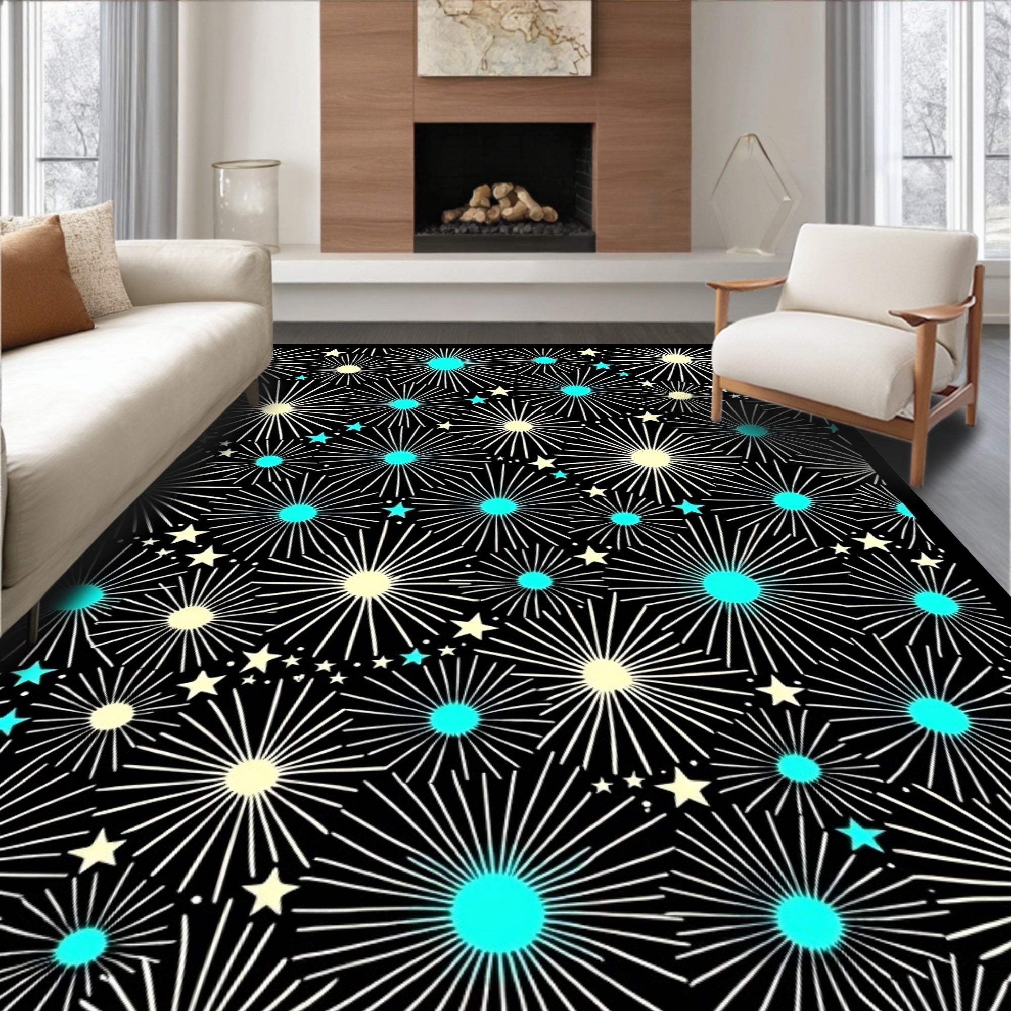 Black Starburst Floral Teal Yellow Rug