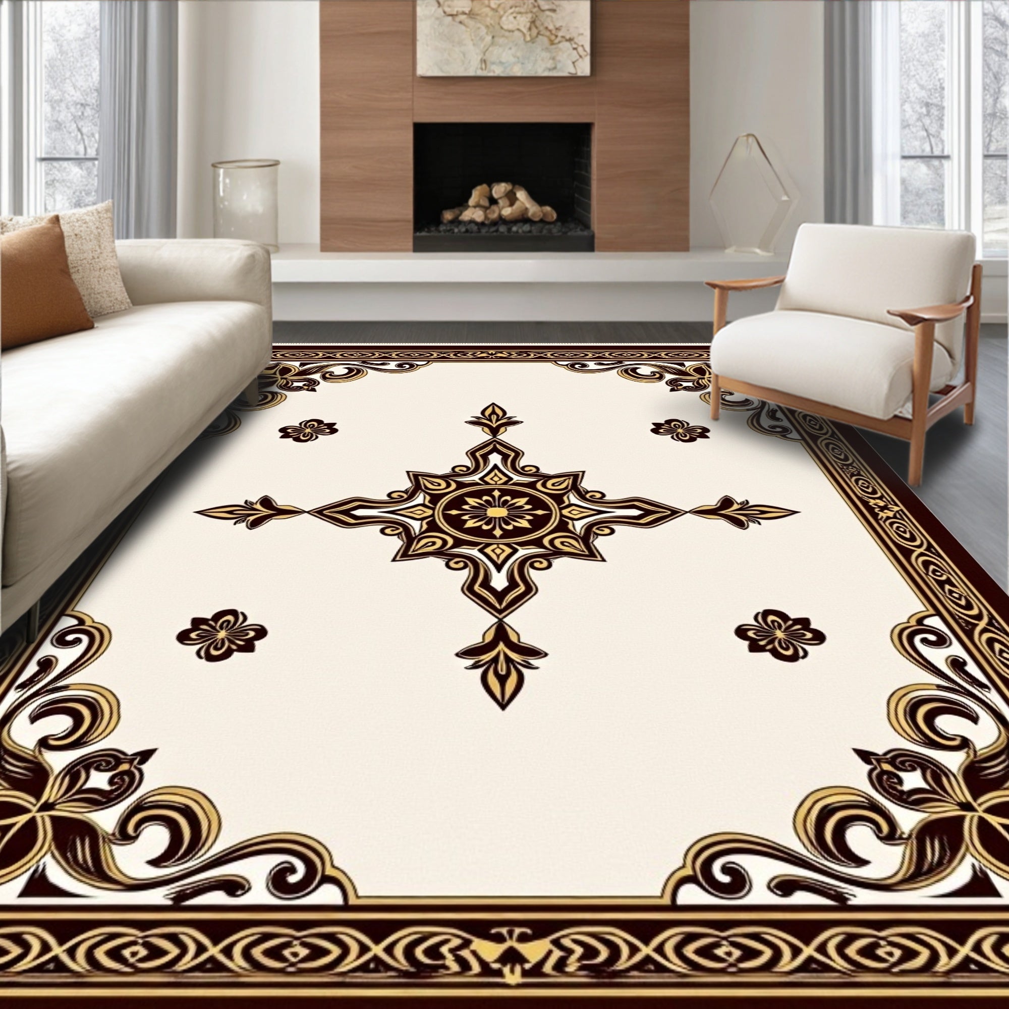 Elegant Ivory Brown Floral Medallion Rectangular Rug