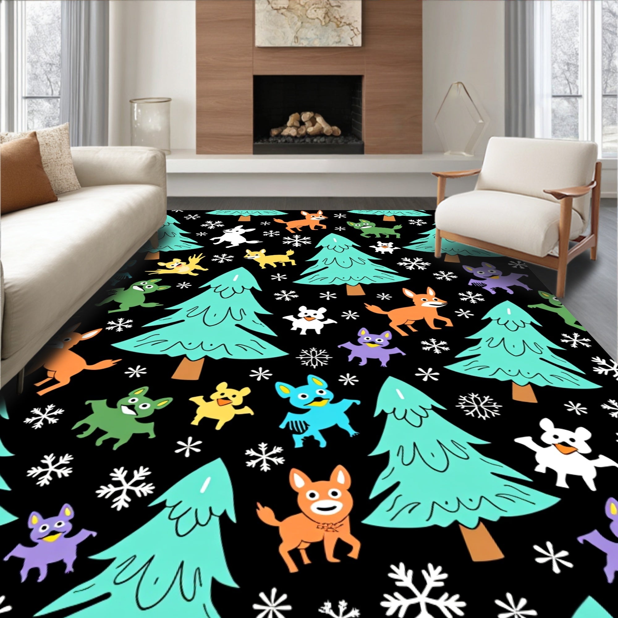 Whimsical Woodland Creatures Snowfall Rug