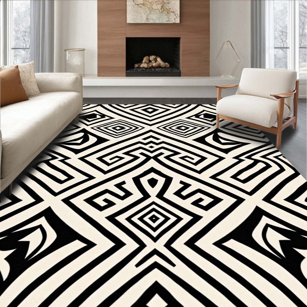 Bold Abstract Black Cream Geometric Rug