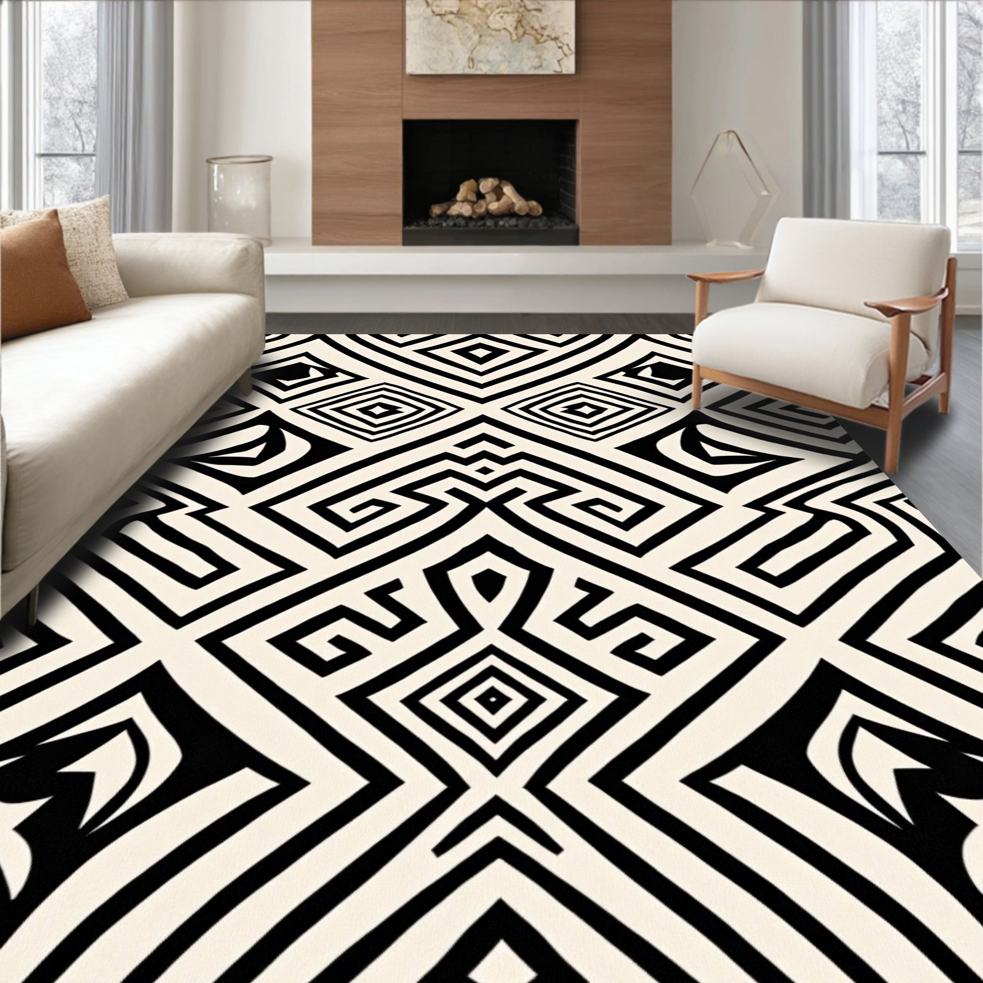 Bold Abstract Black Cream Geometric Rug