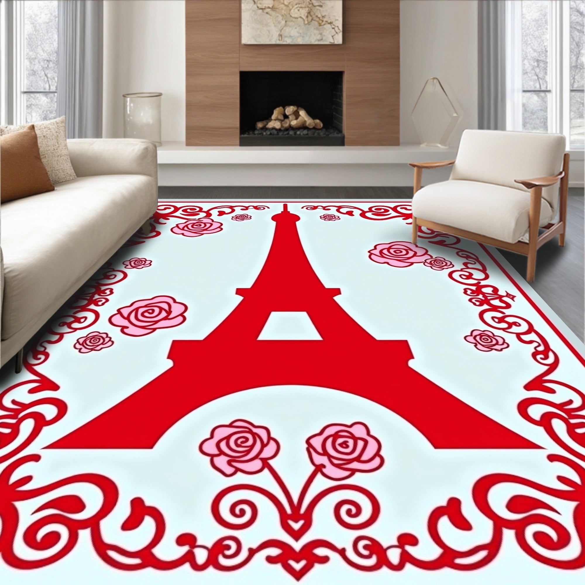 Red Eiffel Tower Pink Roses Border Rug