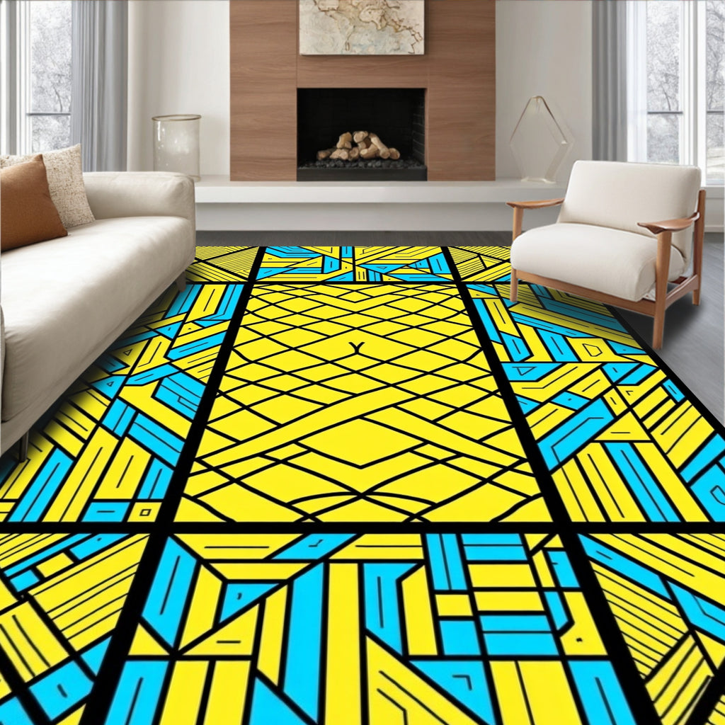 Vibrant Yellow Blue Geometric Framework Rug